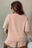 Rose Stripe Raised Rib Loose Tee Drawstring Elastic Waist 2pcs Short Set