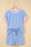 Sky Blue Stripe Contrast Trim Crew Neck Tee Knot Shorts 2pcs Set