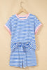 Sky Blue Stripe Contrast Trim Crew Neck Tee Knot Shorts 2pcs Set