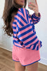 Purple Stripe Half Button Long Sleeve Top Mix and Match Shorts 2pcs Set