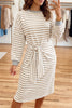 Brown Stripe Striped Colorblock Cuffs Round Neck Long Sleeve Shift Dress