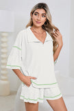 Light Beige-10 Breathable Waffle Color Block Trim 2pcs Casual Short Set