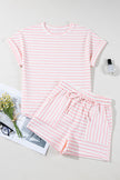 Pink Striped Print Short Sleeve Top and Pocket Shorts Set