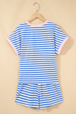 Sky Blue Stripe Contrast Trim Crew Neck Tee Knot Shorts 2pcs Set