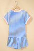 Sky Blue Stripe Contrast Trim Crew Neck Tee Knot Shorts 2pcs Set