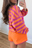 Purple Stripe Half Button Long Sleeve Top Mix and Match Shorts 2pcs Set