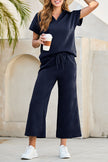 Navy Blue Stylish Textured Loose Fit T Shirt and Drawstring Pants Set