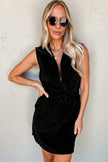 Black Terry Zipped Collar Sleeveless Drawstring Waist Mini Dress