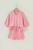 Gossamer Pink Scalloped V Neck Dolman Oversize Top Drawstring Short Set