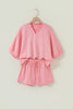 Gossamer Pink Scalloped V Neck Dolman Oversize Top Drawstring Short Set