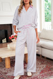 Light Grey Stripe Patchwork Loose Long Sleeve Top Drawstring Waist Pants Set