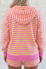 Rose Red Striped Long Sleeve Zip-Up Hoodie Drawstring Elastic Waist 2pcs Short Set