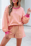 Yellow Stripe Color Block Trim Round Neck Long Sleeve Top Casual Shorts 2pcs Set