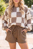 Khaki Checkerboard Plaid Long Sleeve Solid Color Shorts 2pcs Set