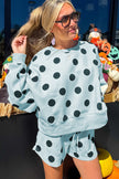 Beige Polka Dot Print Drop Shoulder Pullover Drawstring Shorts Set