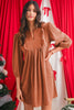Moss Green Split Neck Scallop Detail Pleated Corduroy Mini Dress