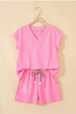 Mint Green V Neck Short Sleeve Top Drawstring Shorts 2pcs Set