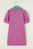 Pink Stripe Collared Puff Sleeve Pop of Color Neckline T Shirt Dress