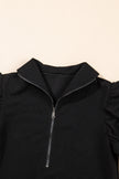 Black Textured Ruffle Sleeve Zipped Top and Wide Leg Pants Set