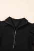 Black Textured Ruffle Sleeve Zipped Top and Wide Leg Pants Set