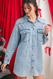 Beau Blue Chest Pocket Raw Hem Denim Loose Shirt Dress