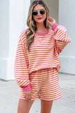 Yellow Stripe Color Block Trim Round Neck Long Sleeve Top Casual Shorts 2pcs Set