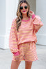 Yellow Stripe Color Block Trim Round Neck Long Sleeve Top Casual Shorts 2pcs Set