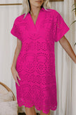 Rose Red Solid Color Eyelet Embroidered T Shirt Mini Dress