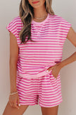 Pink Stripe Cap Sleeve Tee Elastic Waist Shorts 2pcs Outfit
