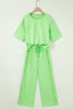 Sachet Pink Lace Patchwork Half Sleeve Top Elastic Waist Pants Two Piece Set