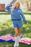 Blue Stripe Drop Shoulder Long Sleeve Pullover Elastic Waist Casual Short Set