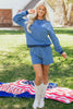 Blue Stripe Drop Shoulder Long Sleeve Pullover Elastic Waist Casual Short Set