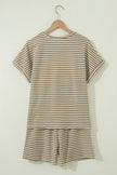 Brown Stripe Breathable Textured Knit Short 2pcs Set