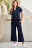Navy Blue Stylish Textured Loose Fit T Shirt and Drawstring Pants Set