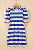 Blue Stripe Contrast Trim Round Neck Short Puff Sleeve Shift Mini Dress