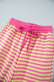 Yellow Stripe Colorblock Trim Crew Neck Loose Tee Drawstring Elastic Waist 2pcs Pant Set