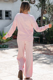 Pink Stripe Drop Shoulder Round Neck Top and Buttoned Straight Pants Two Piece Set