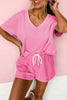 Mint Green V Neck Drop Shoulder Tee and Patchwork Shorts Set
