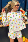 Beige Polka Dot Print Drop Shoulder Pullover Drawstring Shorts Set
