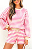 Pink Striped Long Sleeve Crew Neck Drawstring Waist Shorts Set