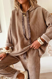 Dark Khaki Drawstring Pullover Hoodie and High Waist Pants Corduroy Suit