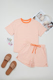 Yellow Stripe Contrast Neck Loose Tee and Drawstring Shorts Set