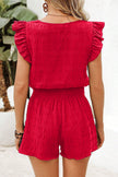 Fiery Red Textured Square Neck Top and Shirred High Waist Shorts Set