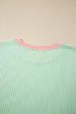 Sachet Pink Soft Ribbed Color Block Trim Casual Short Set