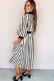 Black Stripe 3/4 Puff Sleeve Shirt Style Button Down Midi Dress