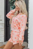 Beige Polka Dot Print Drop Shoulder Pullover Drawstring Shorts Set