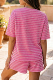 Rose Stripe Raised Rib Loose Tee Drawstring Elastic Waist 2pcs Short Set