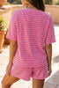 Rose Stripe Raised Rib Loose Tee Drawstring Elastic Waist 2pcs Short Set
