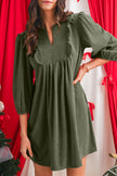 Moss Green Split Neck Scallop Detail Pleated Corduroy Mini Dress