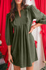 Moss Green Split Neck Scallop Detail Pleated Corduroy Mini Dress